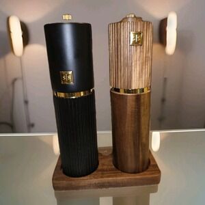 Styled Settings Wood and Black Salt and Pepper Grinder Set with Gold Accents...